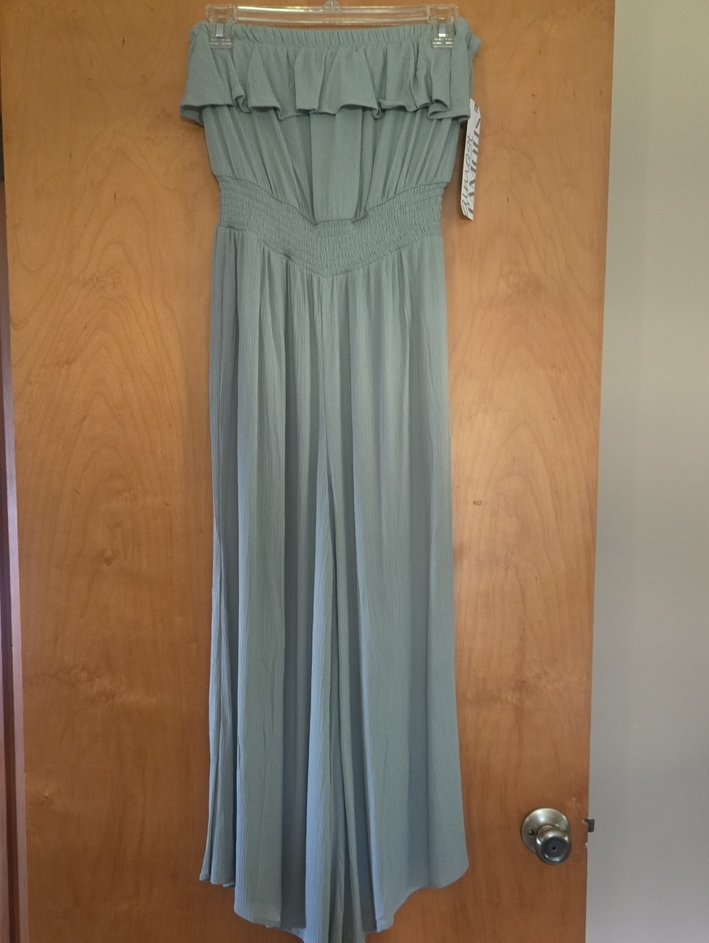 Rainbow Sage Green Strapless Wide-Leg Jumpsuit